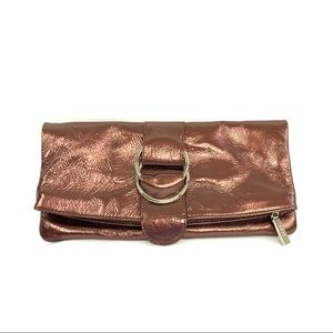 Hobo International Brown Shiny Distressed Leather Fold Over Clutch Purse